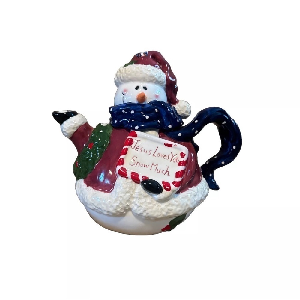 Vintage Dicksons Christmas Snowman Ceramic Teapot “Jesus Loves You Snow Much”